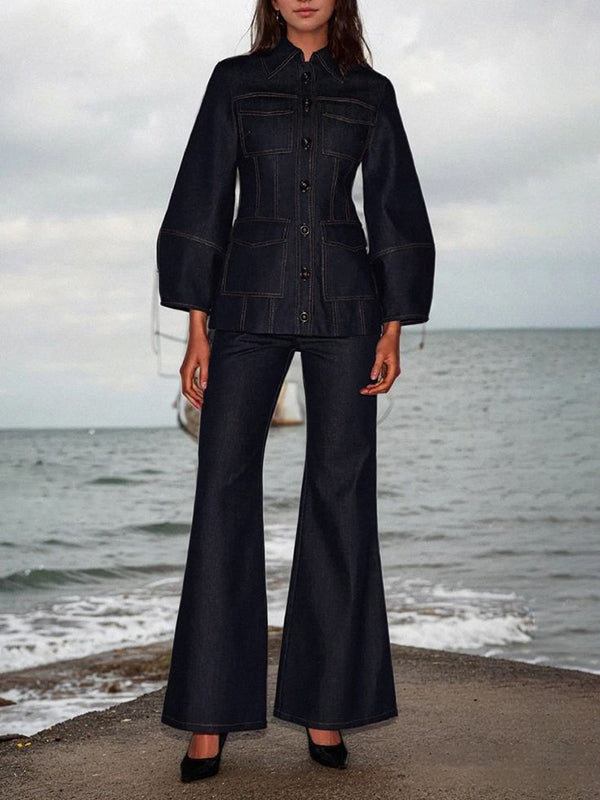 Jean taille haute, à jambes larges, à poches, couleur unie