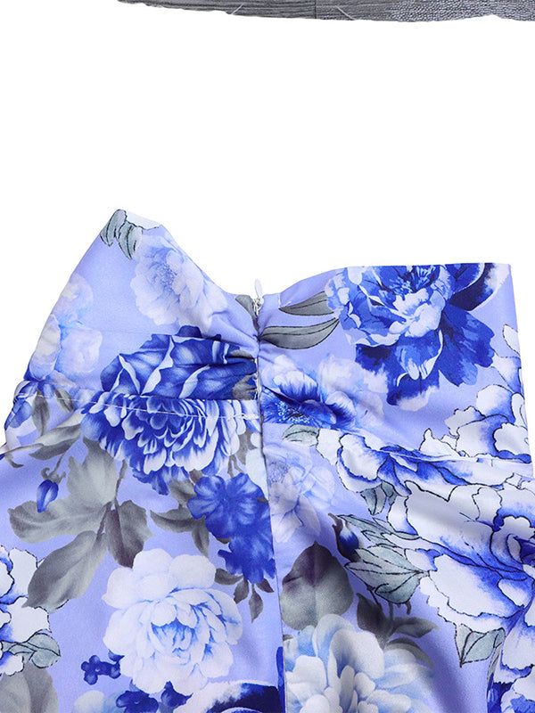 Ensemble deux pièces fendu dans le dos à manches longues, à imprimé floral, couleur unie – chemisier + jupe
