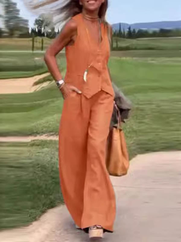 Ensemble deux pièces ample, couleur unie, col en v, pantalon élastique, grande taille