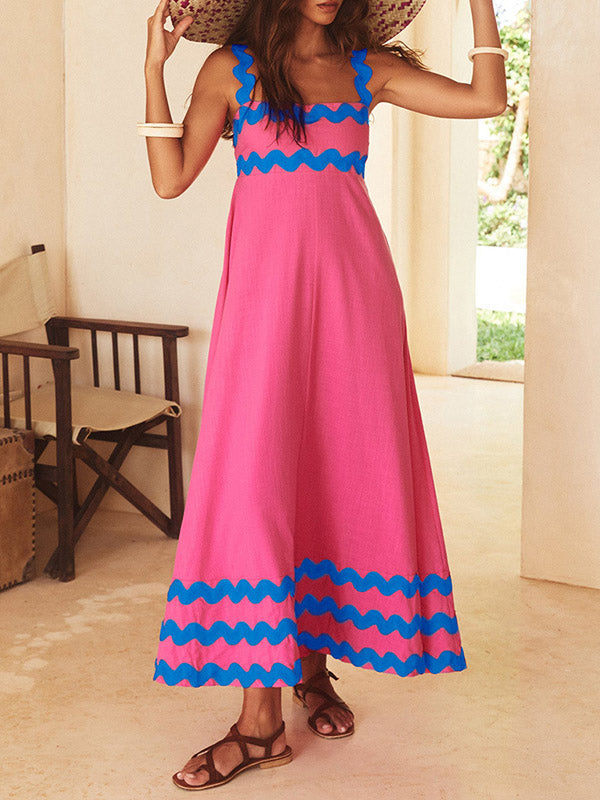 Robe mi-longue coupe trapèze, taille haute, à fermeture éclair, à col carré, couleur contrastée