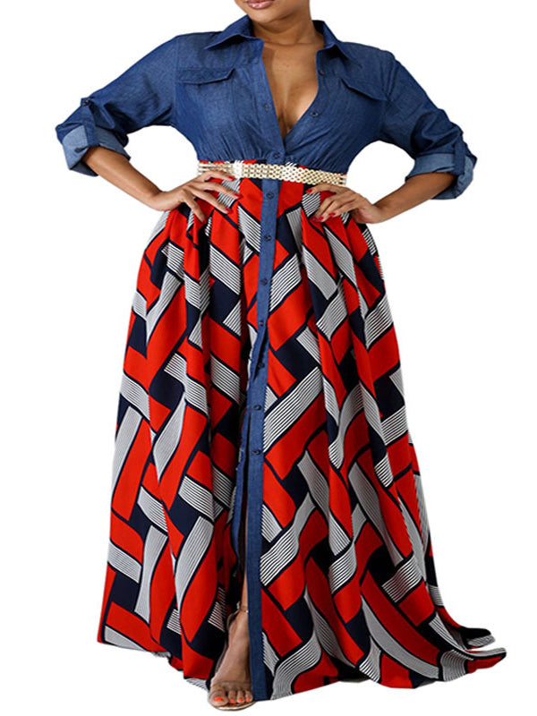 Robe longue ample boutonnée imprimée à manches longues, à taille élastique, à empiècements, à col revers