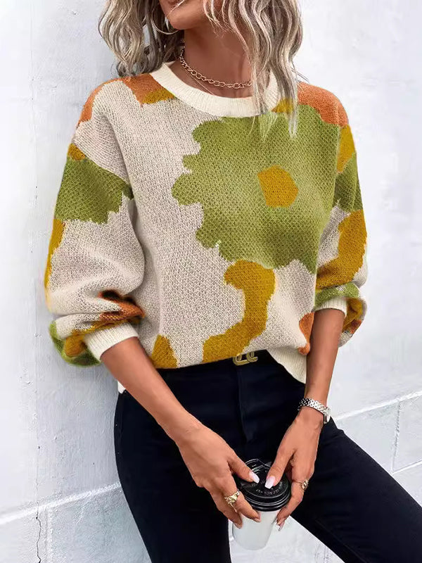 Pull ample asymétrique à manches bouffantes, à fleurs en tricot, à empiècements, à col rond