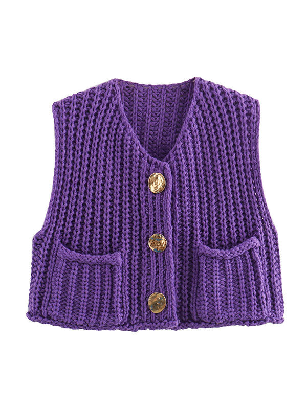 Gilet sans manches ample boutonné à poches, à col en V