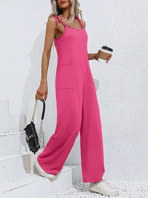 Combinaison nouée taille haute, sans manches, à poches, à fines bretelles, couleur unie