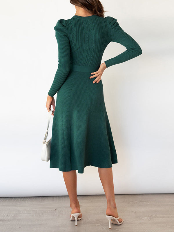 Robe pull taille haute, à manches longues, à taille nouée, à col rond, couleur unie