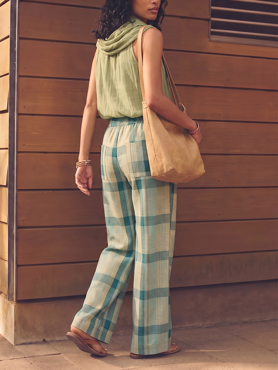 Pantalon ample à poches, à carreaux, à jambes larges, couleur contrastée