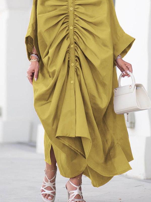 Robe chemise ample boutonnée plissée à manches longues, à col revers, couleur unie