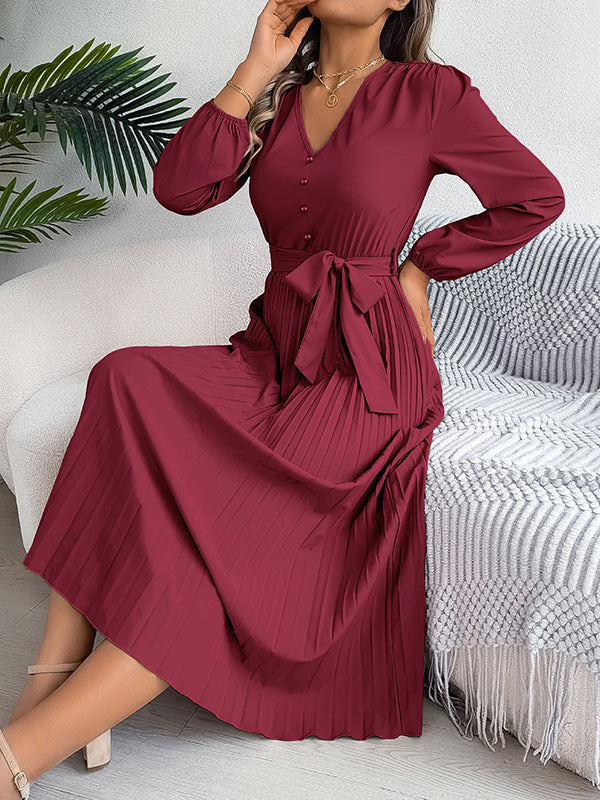 Robe longue boutonnée plissée taille haute, à manches longues, avec ceinture, à col en V, couleur unie
