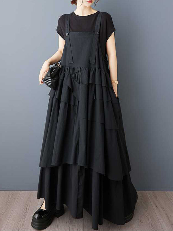 Robe trapèze ample asymétrique boutonnée plissée à col Spaghetti, robe longue à bretelles