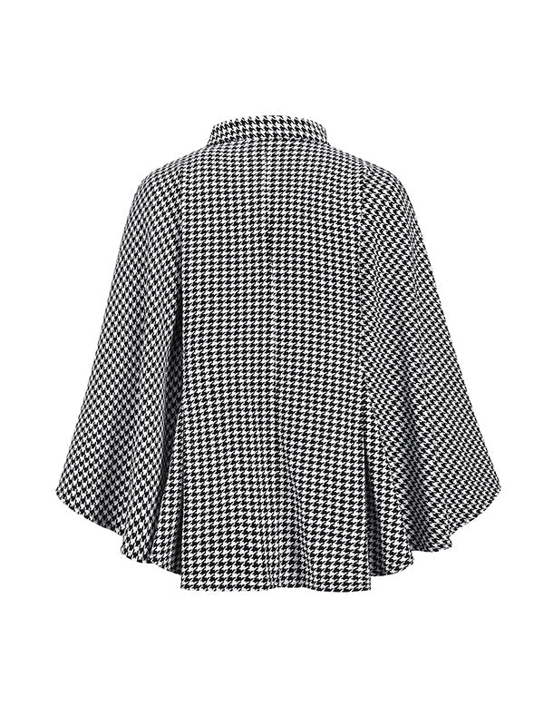 Veste à manches chauve-souris, à manches longues, à motif pied-de-poule, à taille nouée, à col montant, style cape