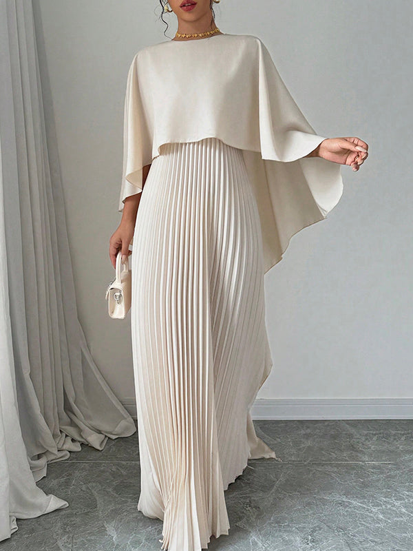 Robe de soirée longue plissée style cape, à ourlet plongeant, à empiècements, à col rond, couleur unie