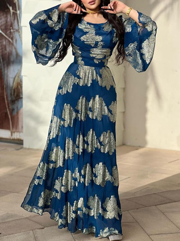 Robe de soirée longue fendue sur le côté à manches évasées, à imprimé floral