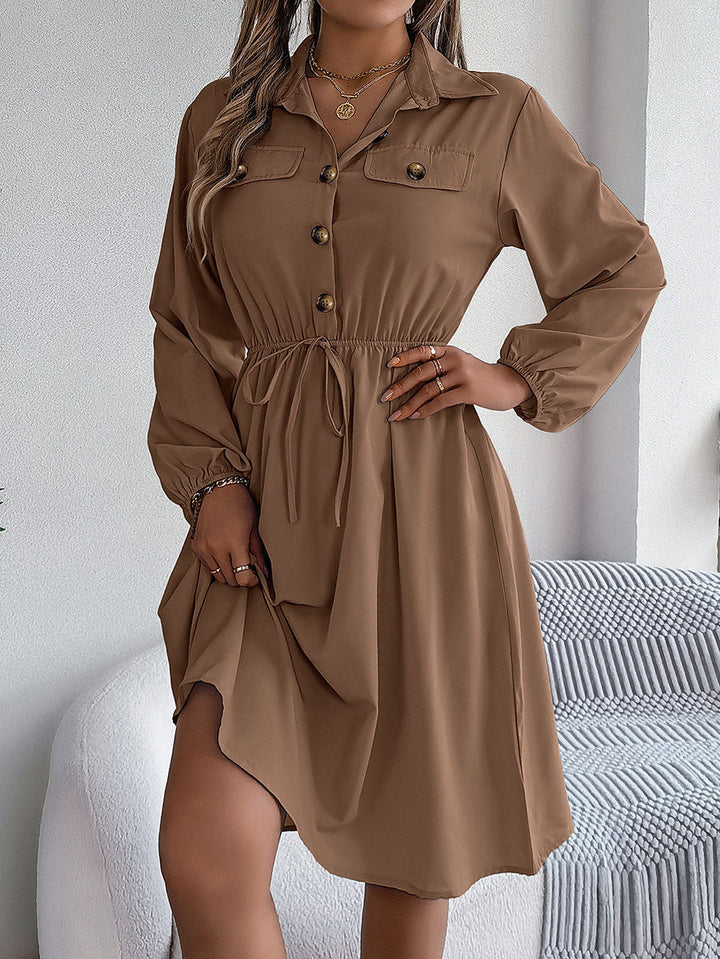 Robe chemise boutonnée plissée nouée coupe trapèze, à manches longues, à col revers, couleur unie