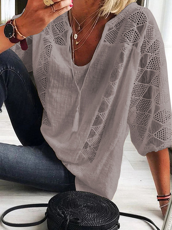 T-shirt simple décontracté ajouré en dentelle, à empiècements, à col en U