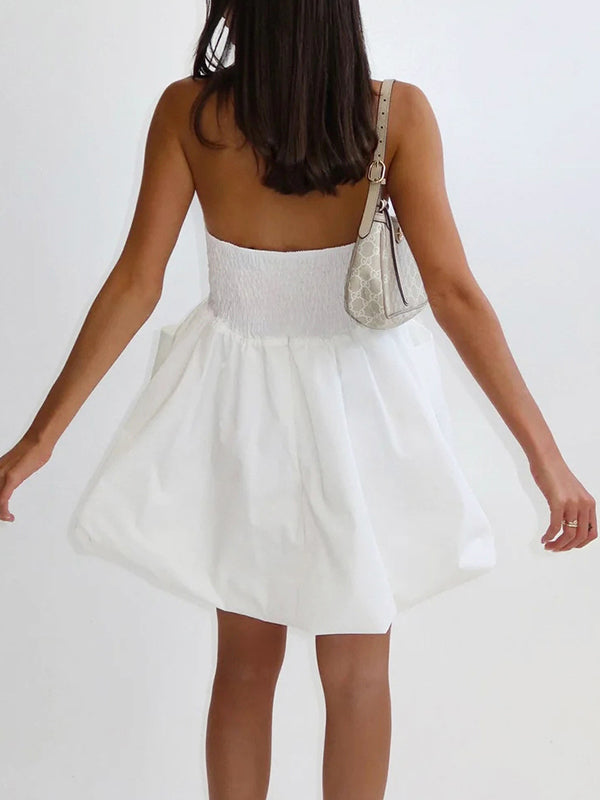 Robe courte plissée coupe trapèze, taille haute, à taille élastique, à poches, bustier, couleur unie