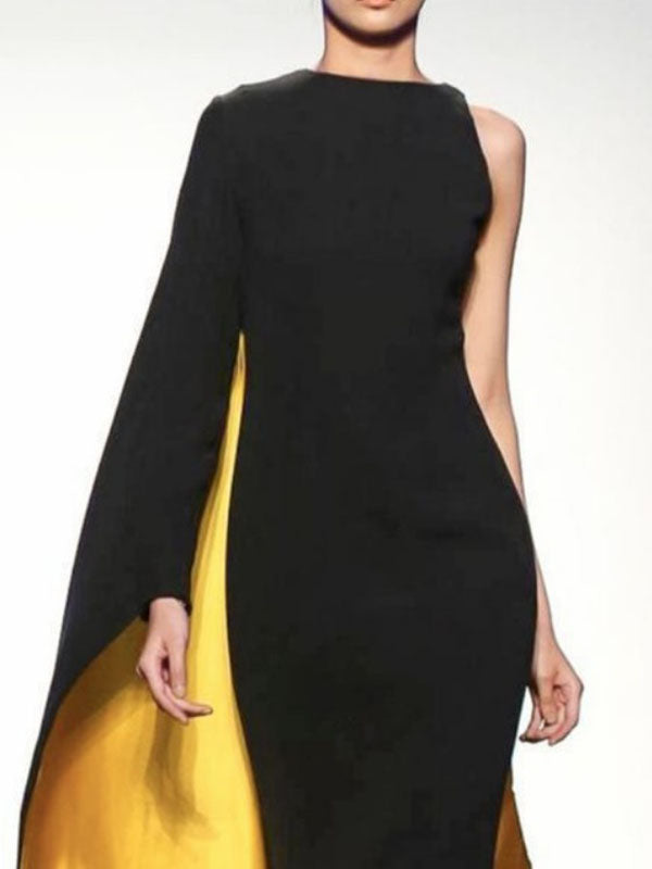 Robe longue asymétrique à coupe irrégulière, à col rond, couleur contrastée