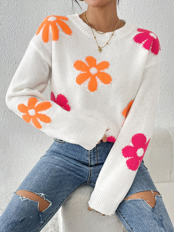 Pull ample à manches longues, à imprimé floral, à col rond, couleur contrastée