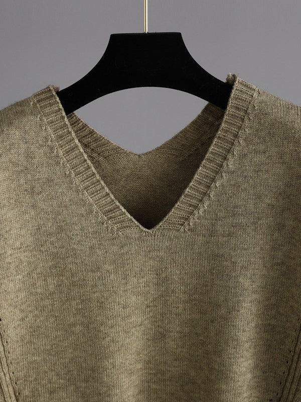 Ensemble deux pièces élégant ample à manches longues, à col en V, à jambes larges, couleur unie – pull + pantalon