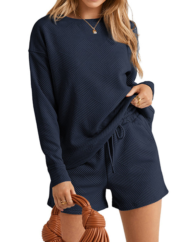 Ensemble deux pièces ample à manches longues, à col rond, à cordon de serrage, couleur unie – sweat-shirt + short
