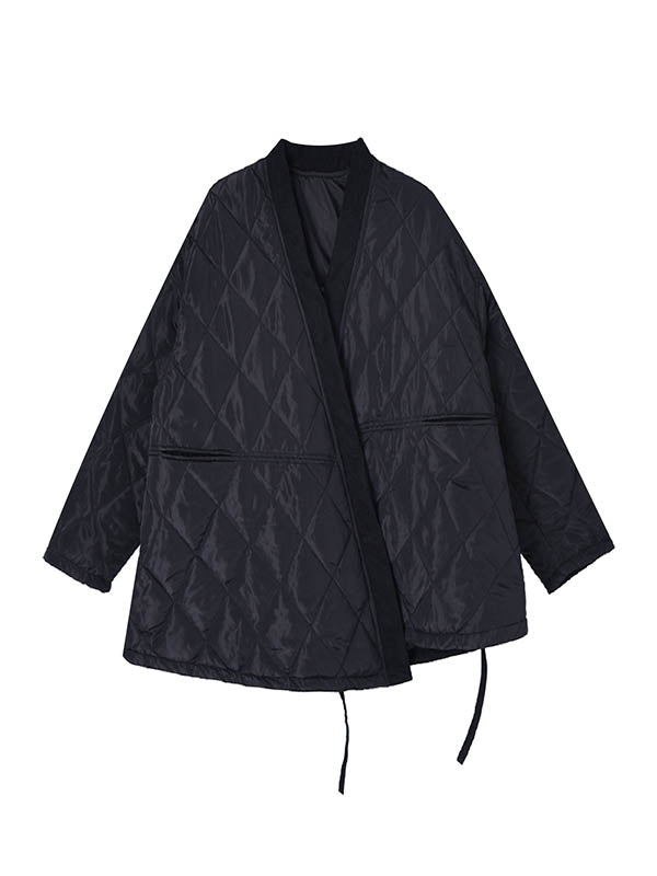 Manteau rembourré à manches longues, ample, à carreaux, couleur unie, à empiècements, noué, sans col, vêtements d'extérieur