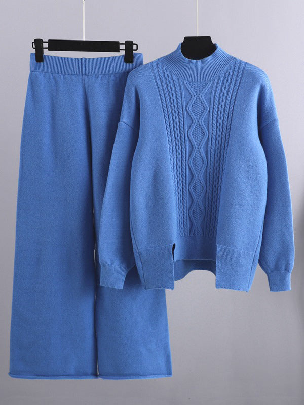 Ensemble deux pièces urbain ample, pull à demi-col roulé et pantalons à jambes larges