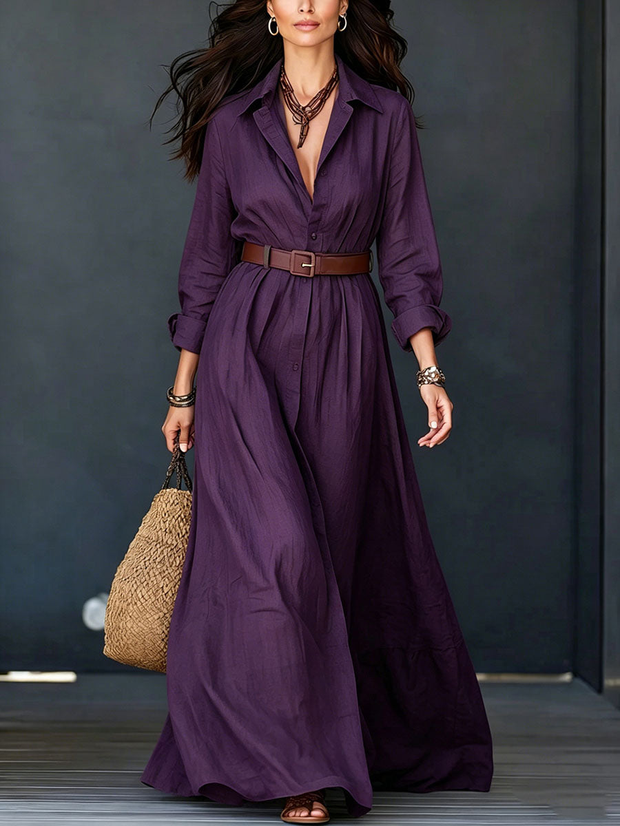 Robe chemise longue boutonnée ample à ourlet ample, à boucle de ceinture, grande taille, à col revers, couleur unie