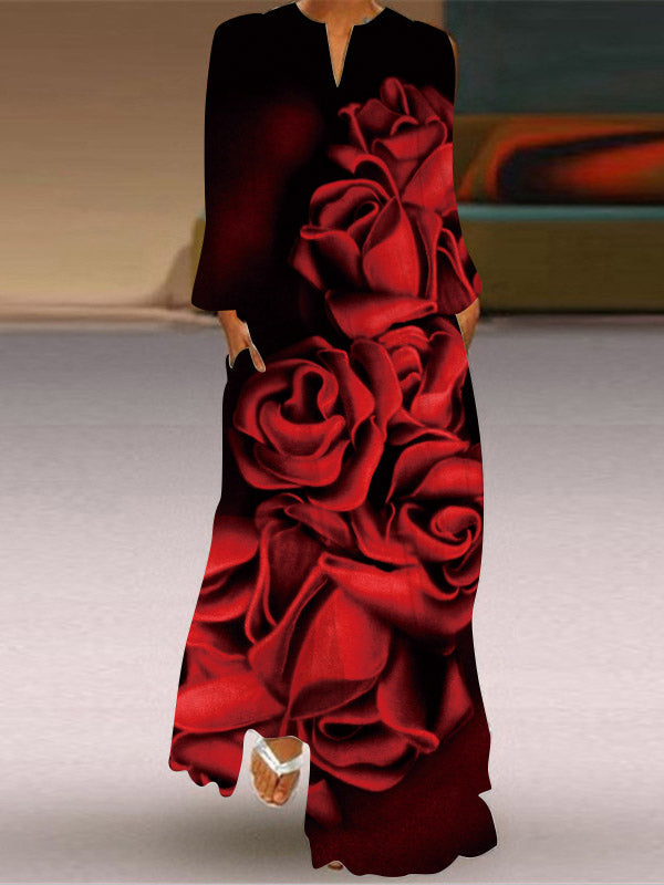 Robe longue ample à manches longues, à imprimé floral, en dégradé, à col en V