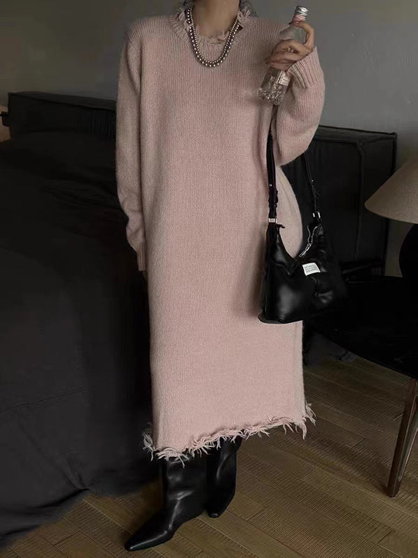Robe pull taille haute, à manches longues, à franges, à col rond, couleur unie