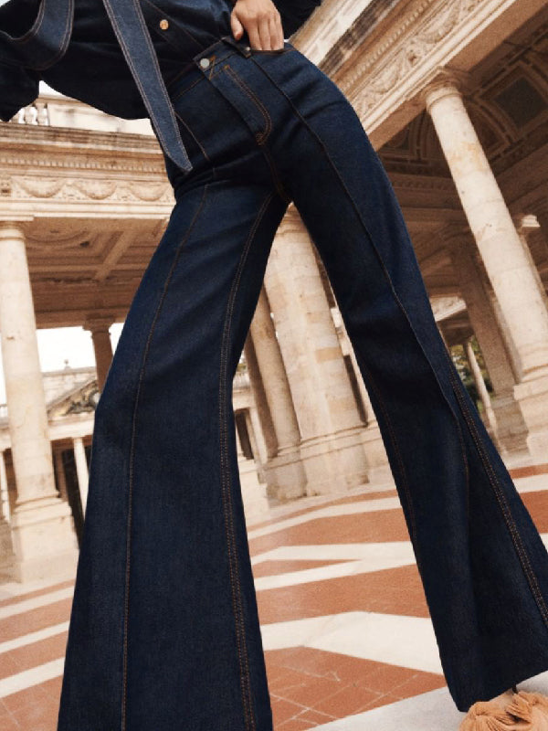 Bas de pantalon en jean évasé taille haute à empiècements
