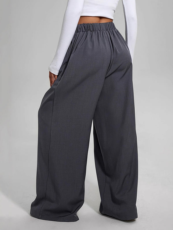 Pantalon ample plissé taille haute, à poches, couleur unie
