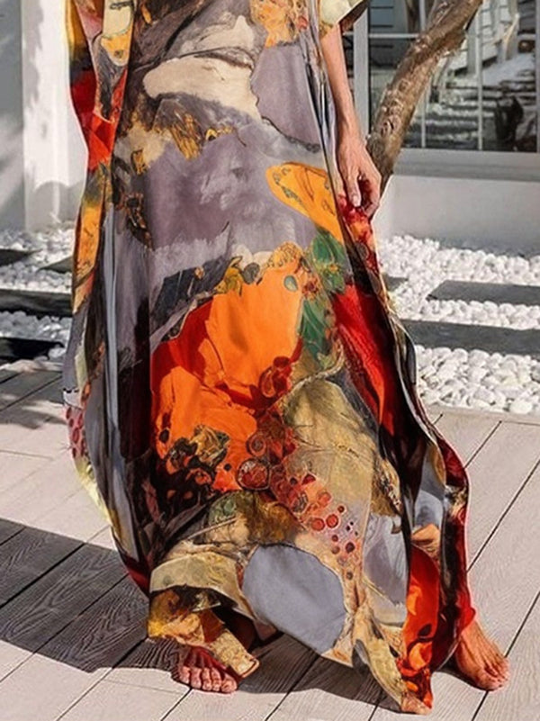 Robe longue ample imprimée à manches chauve-souris, en gaze, à empiècements, à col en V