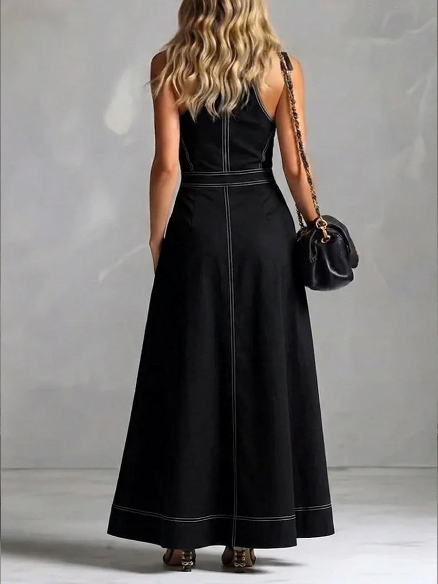 Robe longue plissée coupe trapèze, taille haute, à poches, à fermeture éclair, à col montant, couleur unie