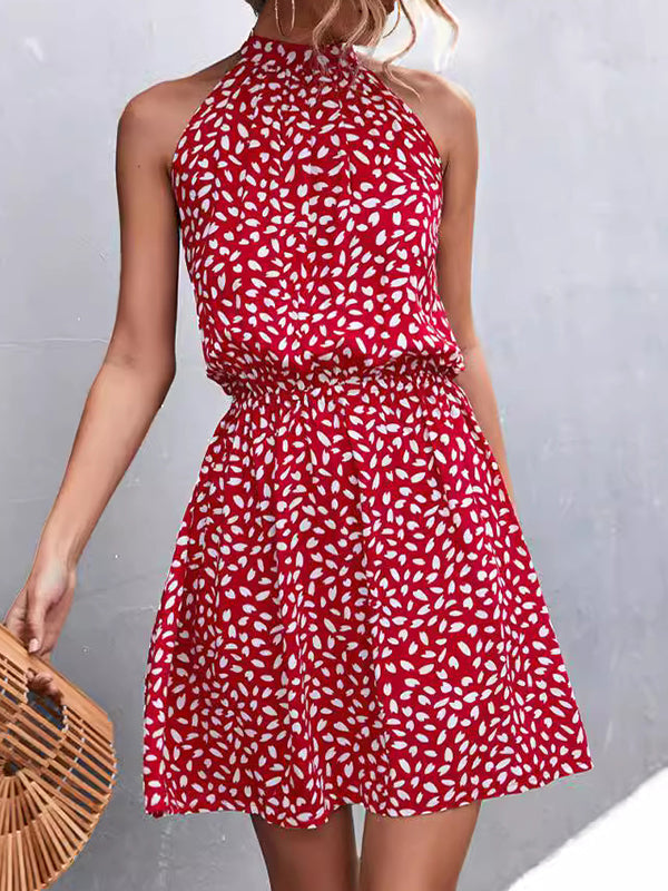 Robe courte plissée coupe trapèze, taille haute, à taille élastique, à imprimé feuilles, à col licou