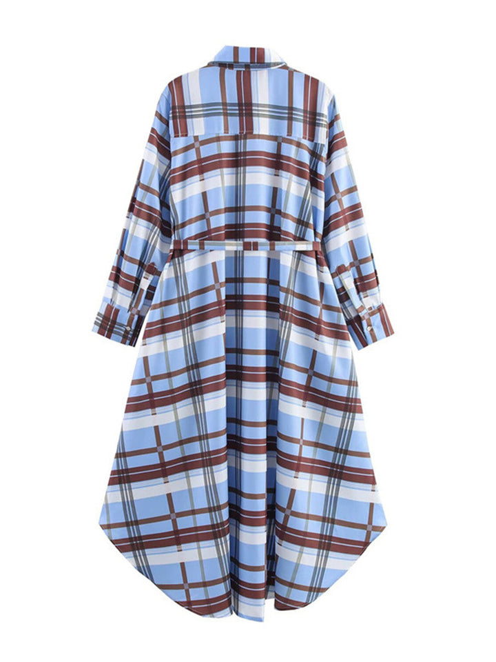 Robe mi-longue nouée boutonnée ample à carreaux, à manches longues, à col revers, couleur contrastée