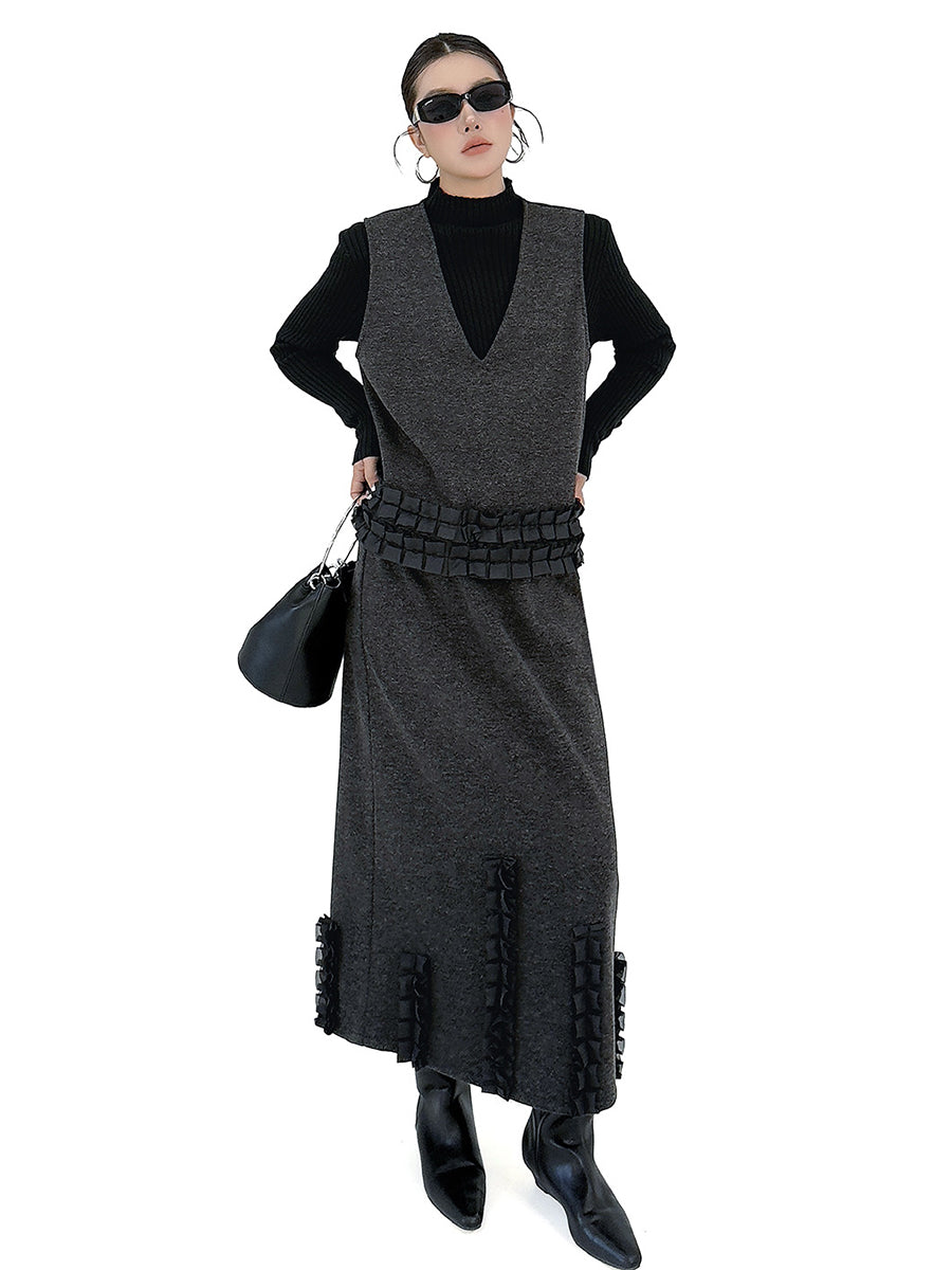 Ensemble deux pièces volanté plissé à empiècements, à col en V, à taille élastique, taille haute, couleur contrastée – débardeur + jupe
