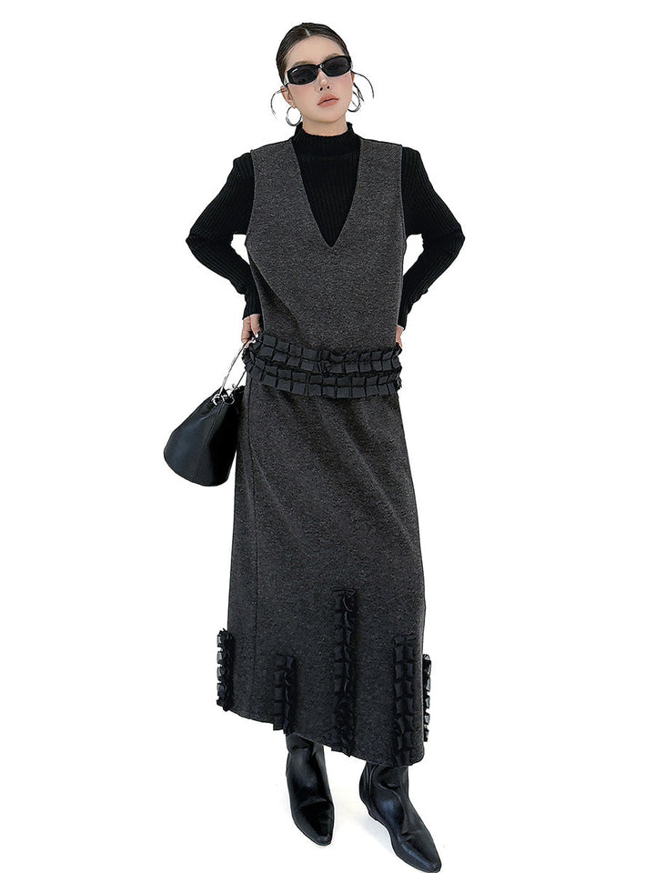 Ensemble deux pièces volanté plissé à empiècements, à col en V, à taille élastique, taille haute, couleur contrastée – débardeur + jupe
