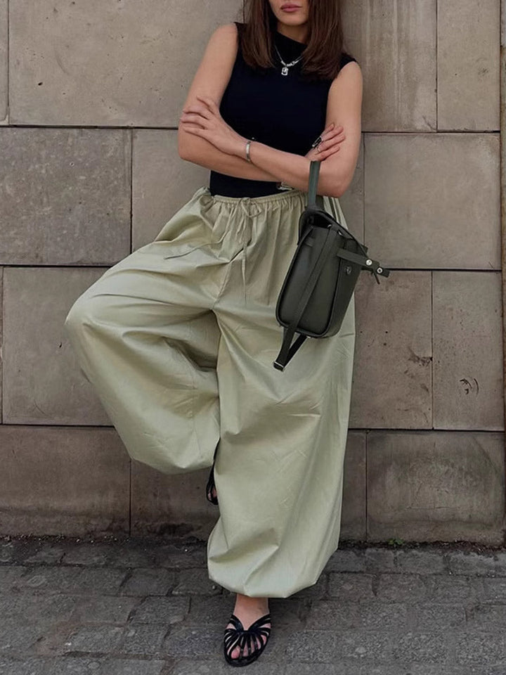 Pantalon resserré aux chevilles plissé à taille élastique, taille haute, à cordon de serrage, couleur unie