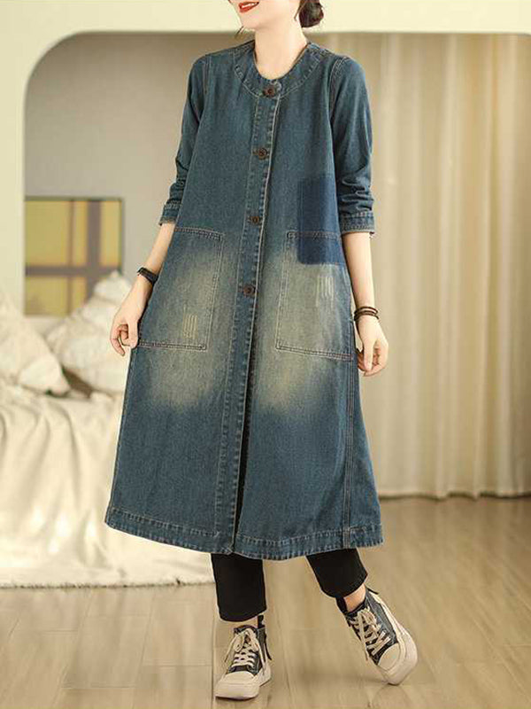 Trapèze Manches Longues Poches Boutonnées Col Rond Robes mi-longues Vêtements d'Extérieur