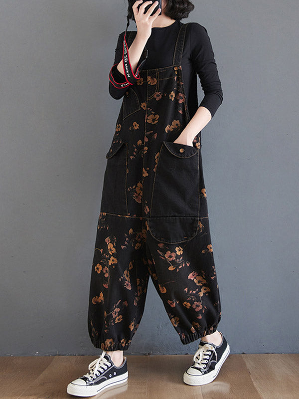 Salopette en denim sarouel originale à fleurs avec poches