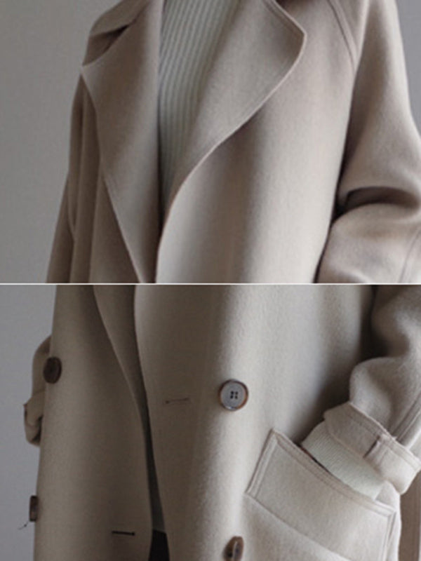 Manteau en laine urbain ample avec ceinture, couleur unie