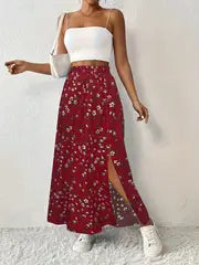 Maria | Jupe maxi imprimée florale avec taille haute et fente latérale