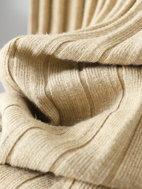 Robes pull élégantes à manches longues, taille haute plissée, couleur unie, demi-col roulé