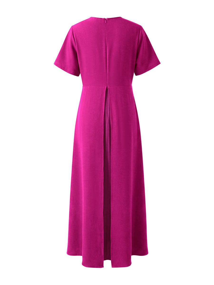 Robe longue plissée coupe trapèze, taille haute, à empiècements, à col rond, couleur unie