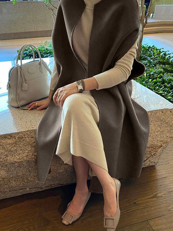 Veste simple sans manches, à col rond, style cape, couleur unie