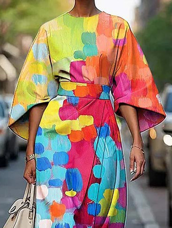 Robe mi-longue ample asymétrique à empiècements, à taille nouée, à col rond
