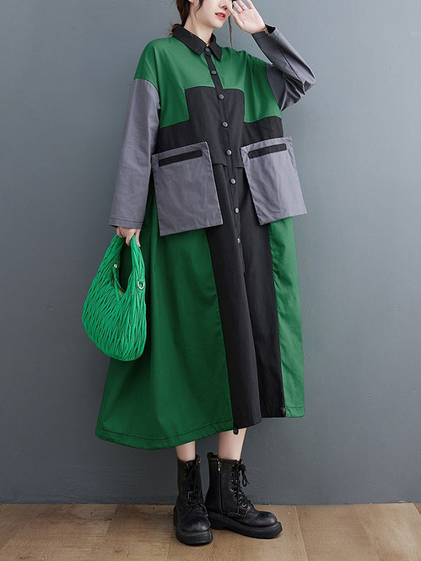 Robe mi-longue ample vintage, à manches longues, col polo, couleur contrastée