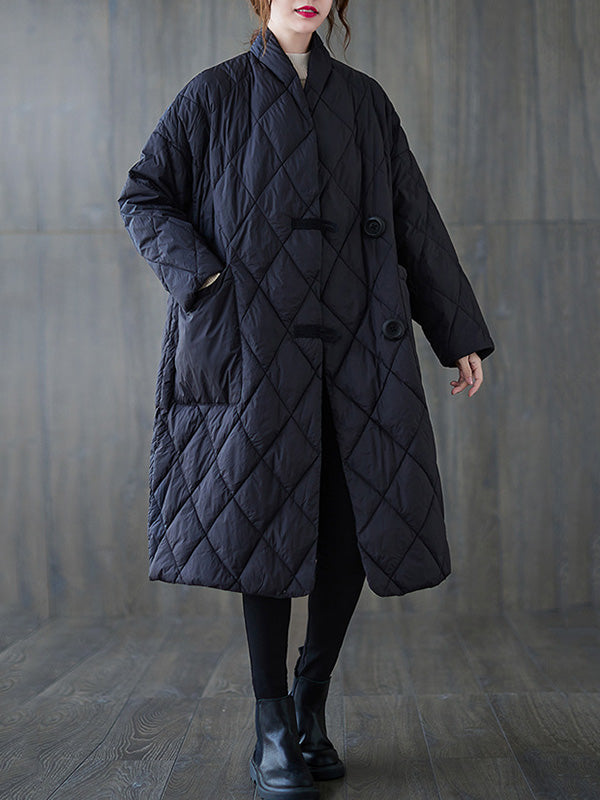 Manteau artistique boutonné matelassé vintage, rétro, à col montant, à manches longues, couleur unie