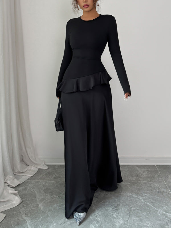 Robe longue coupe trapèze, taille haute, à bordure volantée, à empiècements, à col rond, couleur unie