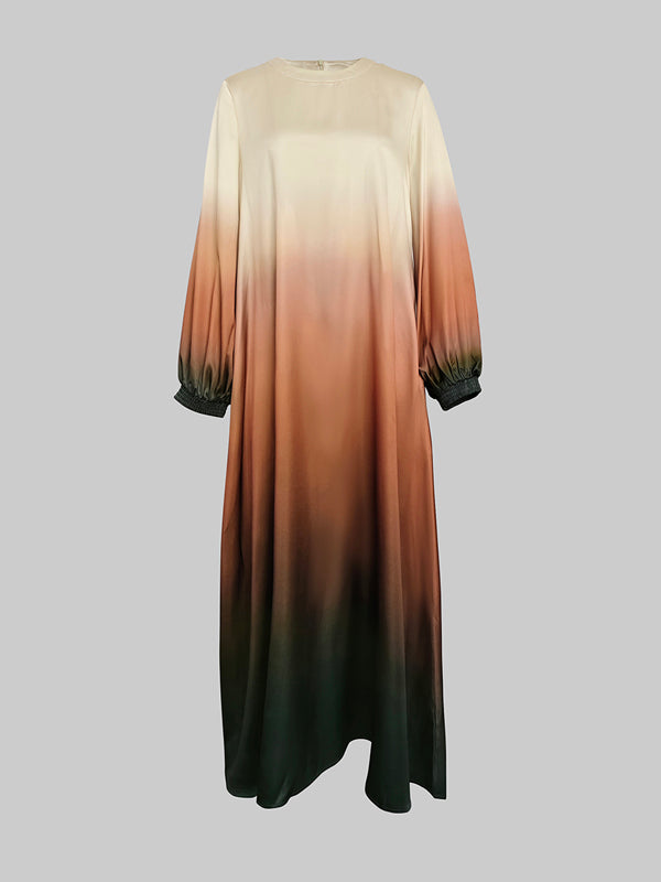Robe longue coupe trapèze, à manches longues, à taille élastique, en dégradé, à poches, à col rond