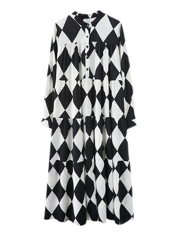 Robe mi-longue boutonnée coupe trapèze, à manches longues, à carreaux, col polo